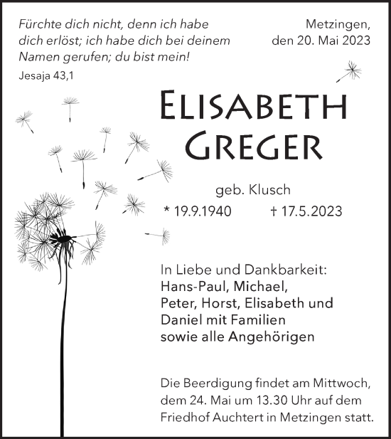 Traueranzeige von Elisabeth Greger von Metzinger-Uracher Volksblatt