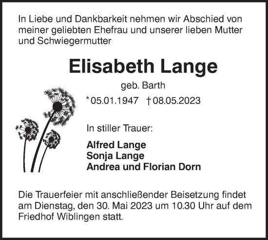 Traueranzeige von Elisabeth Lange von SÜDWEST PRESSE