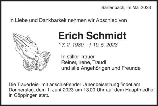 Traueranzeige von Erich Schmidt von SÜDWEST PRESSE