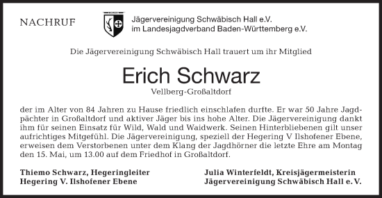 Traueranzeige von Erich Schwarz von Haller Tagblatt