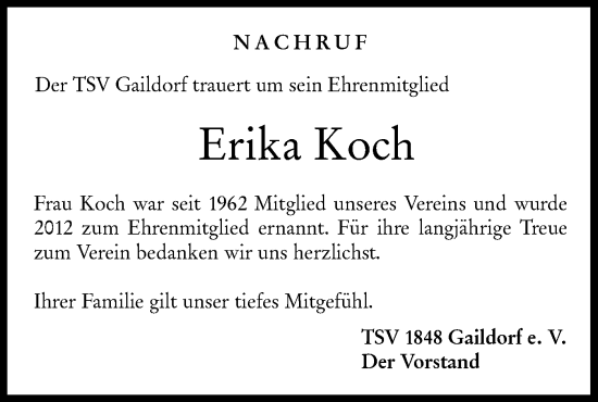 Traueranzeige von Erika Koch von Rundschau Gaildorf