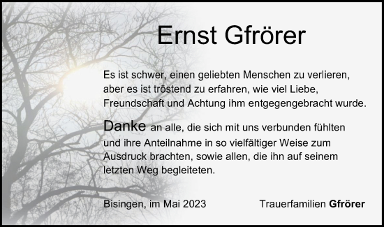 Traueranzeige von Ernst Gfrörer von Metzinger-Uracher Volksblatt