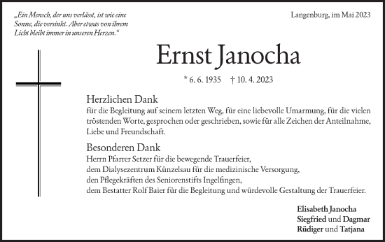 Traueranzeige von Ernst Janocha von Hohenloher Tagblatt