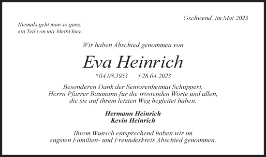 Traueranzeige von Eva Heinrich von Rundschau Gaildorf