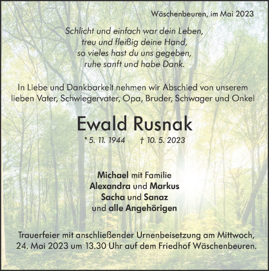 Traueranzeige von Ewald Rusnak von SÜDWEST PRESSE