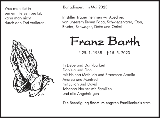 Traueranzeige von Franz Barth von SÜDWEST PRESSE