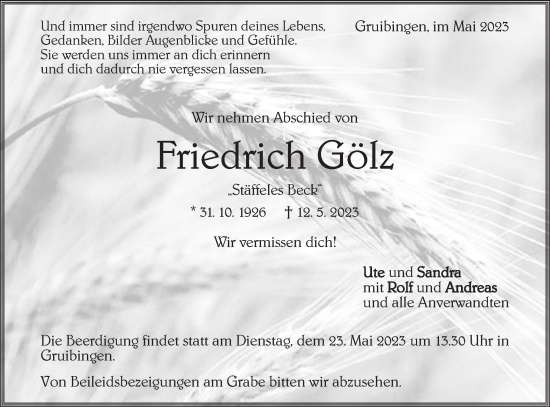 Traueranzeige von Friedrich Gölz von NWZ Neue Württembergische Zeitung