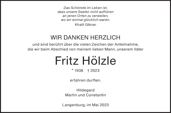 Traueranzeige von Fritz Hölzle von Hohenloher Tagblatt