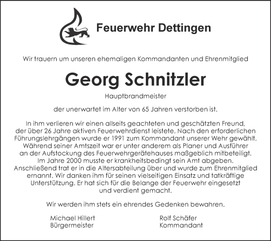 Traueranzeige von Georg Schnitzler von Metzinger-Uracher Volksblatt