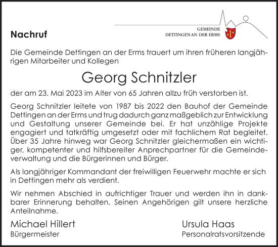 Traueranzeige von Georg Schnitzler von Metzinger-Uracher Volksblatt