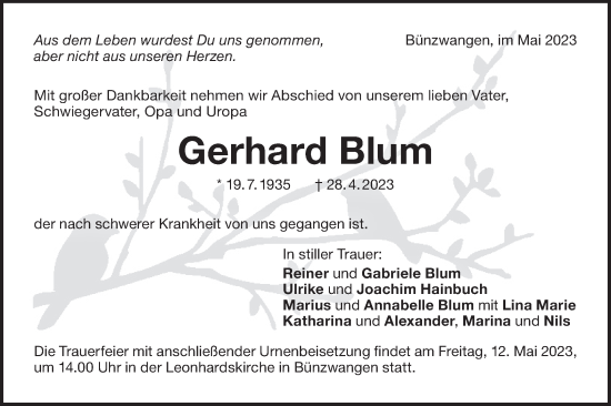 Traueranzeige von Gerhard Blum von NWZ Neue Württembergische Zeitung