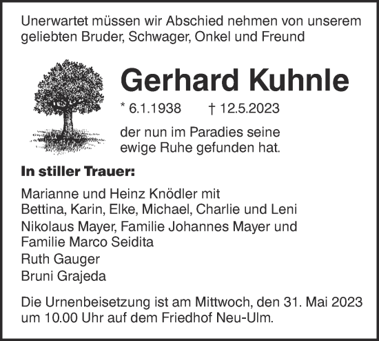 Traueranzeige von Gerhard Kuhnle von SÜDWEST PRESSE