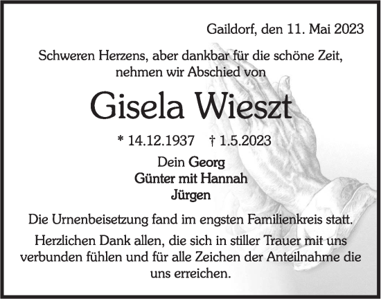 Traueranzeige von Gisela Wieszt von Rundschau Gaildorf