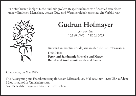 Traueranzeige von Gudrun Hofmayer von SÜDWEST PRESSE