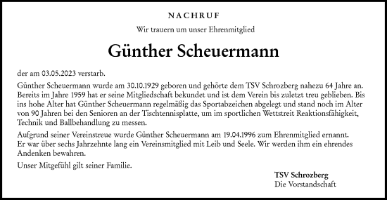 Traueranzeige von Günther Scheuermann von Hohenloher Tagblatt