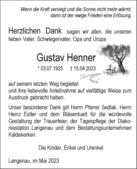 Traueranzeige von Gustav Henner von SÜDWEST PRESSE Ausgabe Ulm/Neu-Ulm