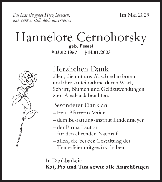 Traueranzeige von Hannelore Cernohorsky von Hohenloher Tagblatt