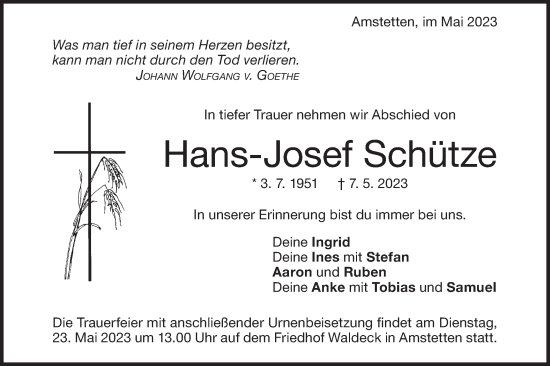 Traueranzeige von Hans-Josef Schütze von Geislinger Zeitung