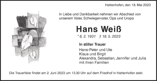 Traueranzeige von Hans Weiß von SÜDWEST PRESSE