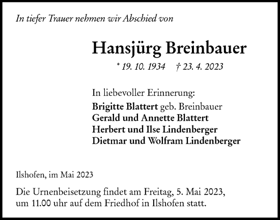 Traueranzeige von Hansjörg Breinbauer von Haller Tagblatt