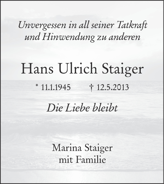 Traueranzeige von Hans Ulrich Staiger von SÜDWEST PRESSE Ausgabe Ulm/Neu-Ulm