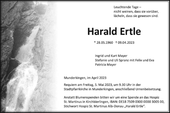 Traueranzeige von Harald Ertle von Ehinger Tagblatt