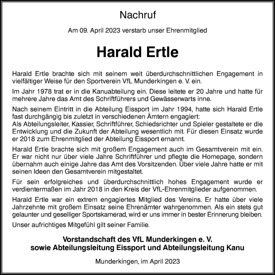 Traueranzeige von Harald Ertle von Ehinger Tagblatt