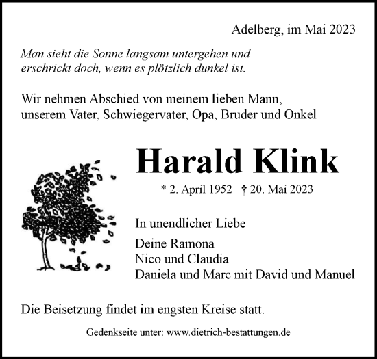 Traueranzeige von Harald Klink von SÜDWEST PRESSE