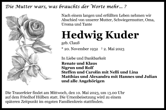 Traueranzeige von Hedwig Kuder von Alb-Bote/Metzinger-Uracher Volksblatt