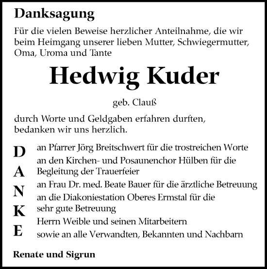 Traueranzeige von Hedwig Kuder von SÜDWEST PRESSE/SÜDWEST PRESSE