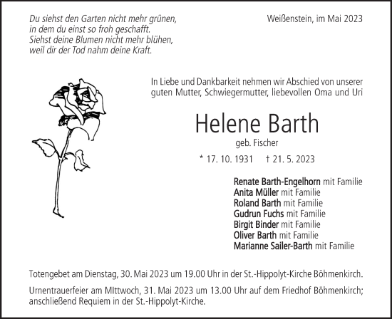 Traueranzeige von Helene Barth von SÜDWEST PRESSE