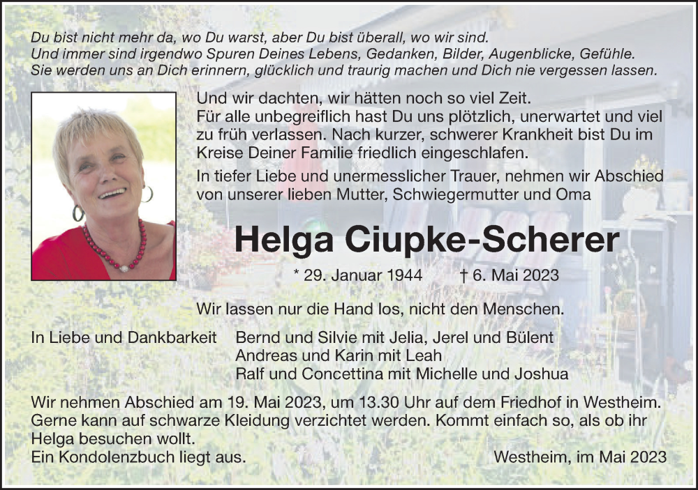  Traueranzeige für Helga Ciupke-Scherer vom 15.05.2023 aus Haller Tagblatt