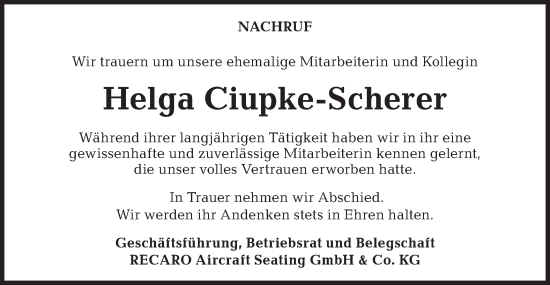 Traueranzeige von Helga Ciupke-Scherer von SÜDWEST PRESSE