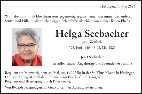 Traueranzeige von Helga Seebacher von SÜDWEST PRESSE/SÜDWEST PRESSE