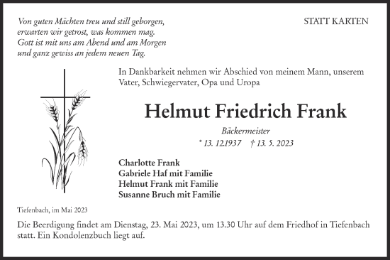 Traueranzeige von Helmut Friedrich Frank von SÜDWEST PRESSE