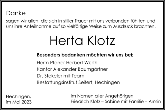 Traueranzeige von Herta Klotz von SÜDWEST PRESSE