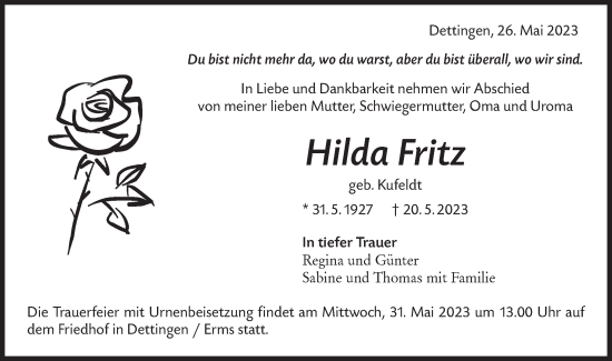 Traueranzeige von Hilda Fritz von SÜDWEST PRESSE/SÜDWEST PRESSE