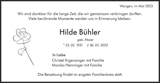 Traueranzeige von Hilde Bühler von NWZ Neue Württembergische Zeitung