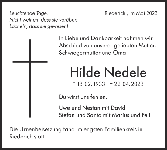 Traueranzeige von Hilde Nedele von Metzinger-Uracher Volksblatt