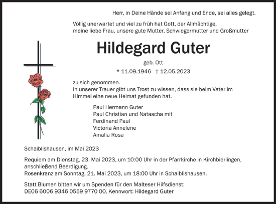 Traueranzeige von Hildegard Guter von SÜDWEST PRESSE