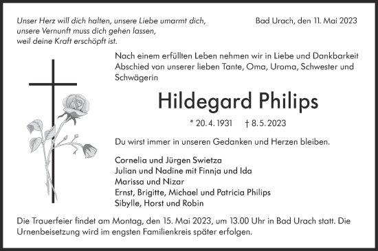 Traueranzeige von Hildegard Philips von Metzinger-Uracher Volksblatt