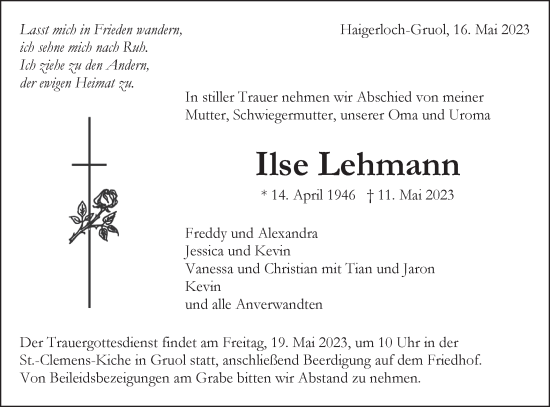 Traueranzeige von Ilse Lehmann von SÜDWEST PRESSE