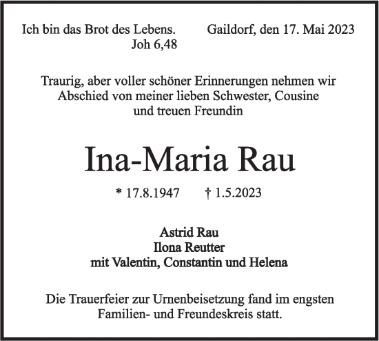 Traueranzeige von Ina-Maria Rau von SÜDWEST PRESSE