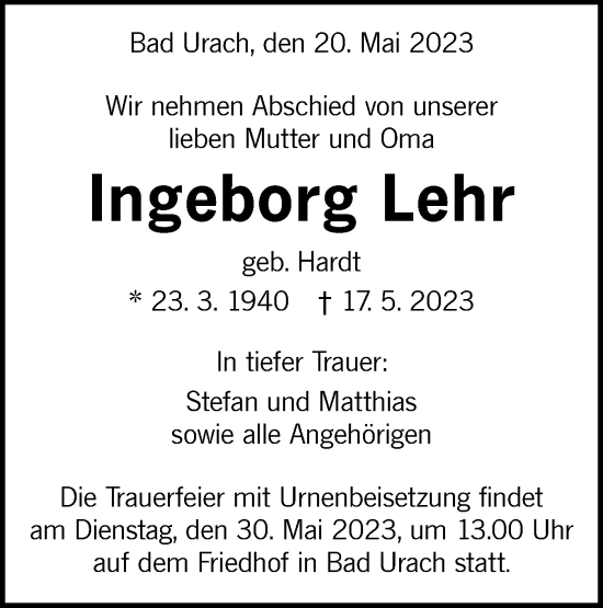 Traueranzeige von Ingeborg Lehr von Metzinger-Uracher Volksblatt