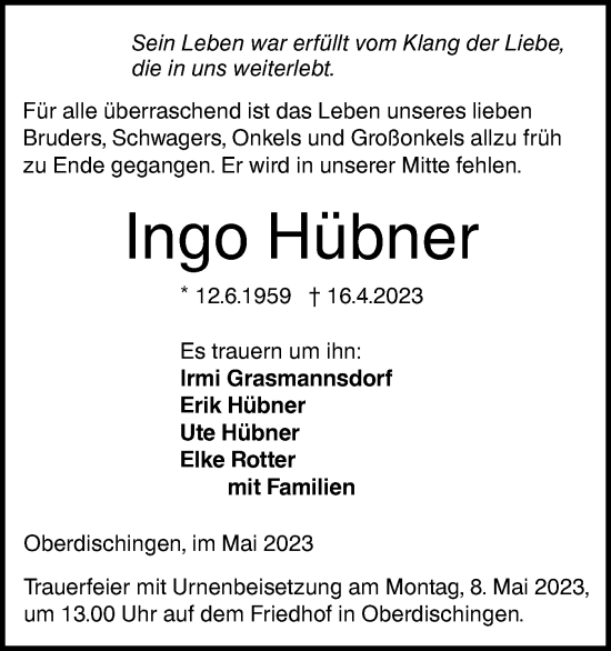 Traueranzeige von Ingo Hübner von Ehinger Tagblatt