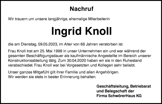 Traueranzeige von Ingrid Knoll von Alb-Bote/Metzinger-Uracher Volksblatt