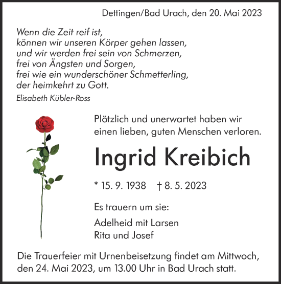 Traueranzeige von Ingrid Kreibich von Metzinger-Uracher Volksblatt