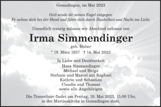 Traueranzeige von Irma Simmendinger von Alb-Bote/Metzinger-Uracher Volksblatt