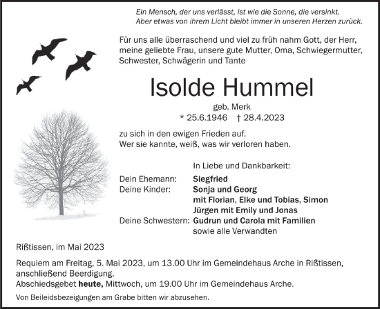 Traueranzeige von Isolde Hummel von Ehinger Tagblatt