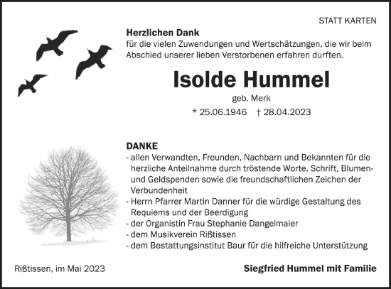 Traueranzeige von Isolde Hummel von SÜDWEST PRESSE